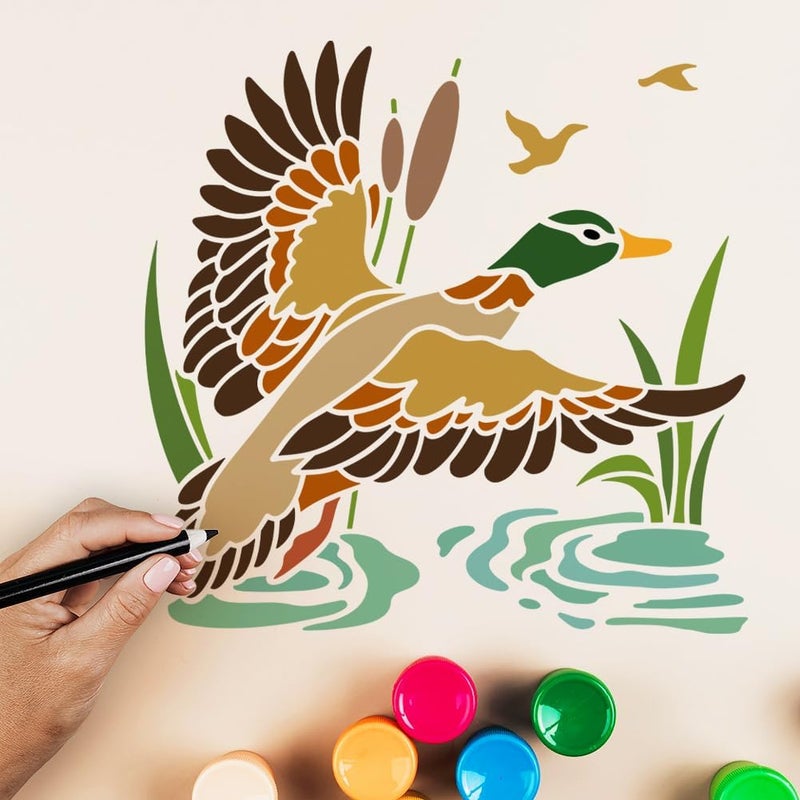 DOODLREAM Duck Fly Stencil for Painting, 11.8"x11.8" Plastic Wild Duck Bird Stencil Drawing Template,DIY Craft Paint Template for Wall Home Decor Wood Burning Card Canvas Fabric Journal Paper - Image 5